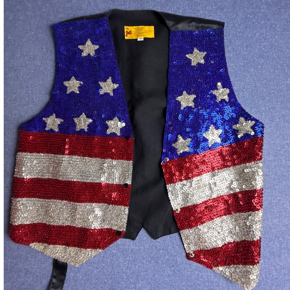 Vintage USA Flag Sequin Vest Small Stars and Stripes Patriotic Red White America